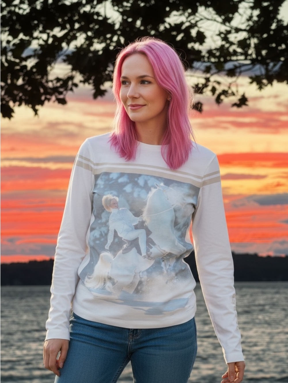 Bogner White Long Sleeve Graphic Ski Top with Horse Print